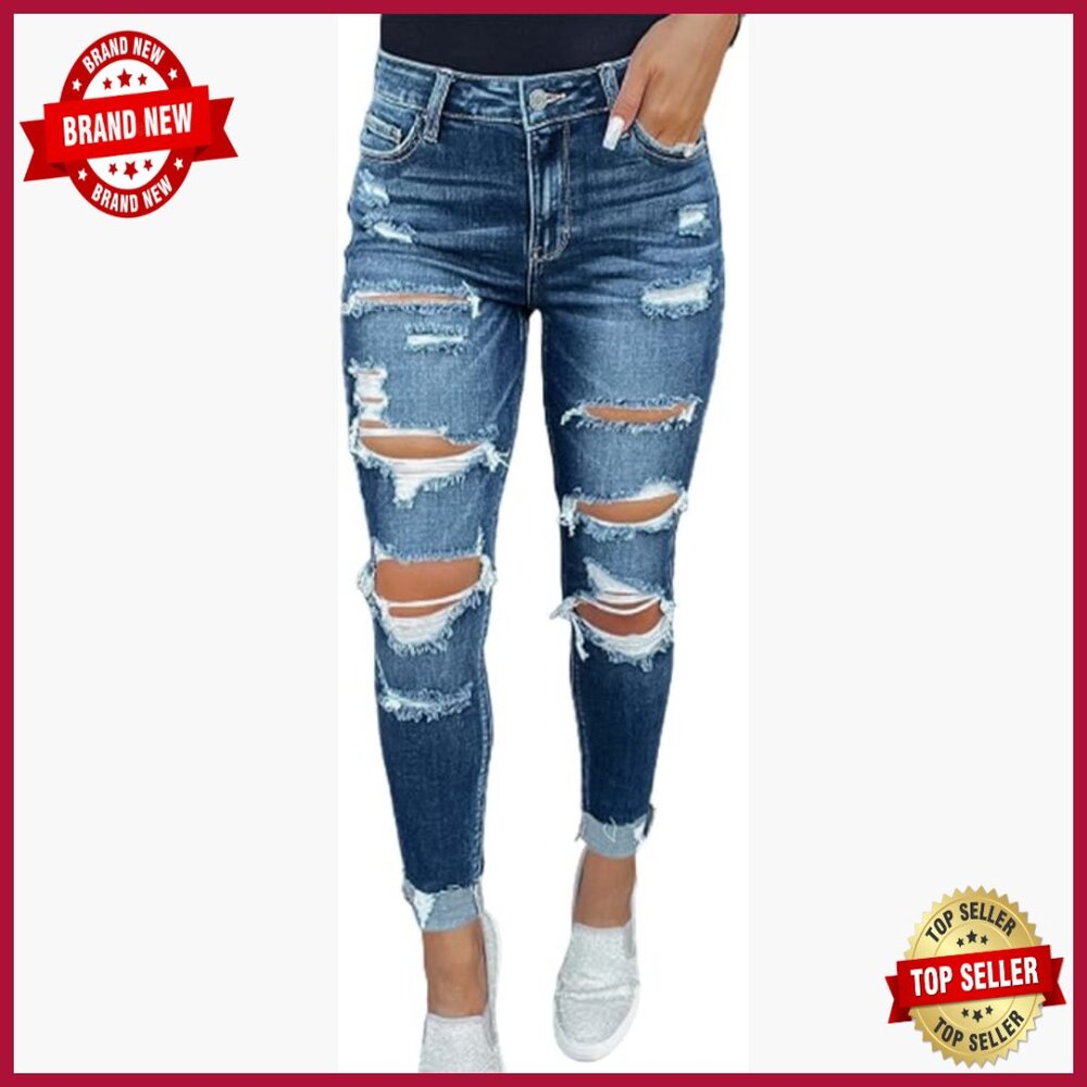 Mid Rise Boyfriend Jeans Ripped Distressed Stretchy Denim Pants Loose Fit